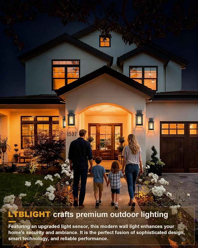 Dusk to Dawn Outdoor Lighting, Modern Black Waterproof Exterior Wall Sconce, Sensor Front Porch Lights with E26 Base for House Garage Patio Front Door, 120V