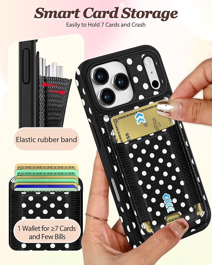 Shorogyt for iPhone 17 Pro Max Case Wallet - Fits 5 Cards, Compatible with Magsafe Detachable Magnetic Credit Card Holder Leather Cardholder Cute Phone Cover Women Girl for Apple 17 ProMax, Polka Dots