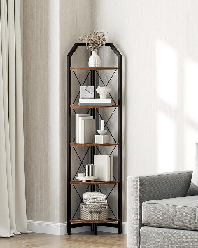 59.4" Corner Shelf, 5-Tier Industrial Corner Bookshelf, Corner Storage Stand, Plant Stand Display Shelf, Bookcase for Bedroom, Living Room, Home Office, Rustic Brown and Black TCJ10BF