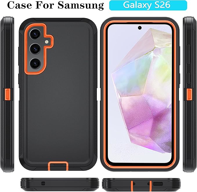 ONOLA Compatible with Samsung Galaxy S26 Case with HD Screen Protector, Heavy Duty Shockproof & Dropproof 3-Layer Cover Phone Case for Galaxy S26 6.3''，BlackOrange
