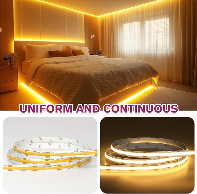 EMITEVER COB LED Strip Lights Warm White, 2700K Tape Light Premium High Density, DC 24V, 400+Lumens/ft, 5120LEDs/Spool, Ra 90+, 32.8ft/10m,UL Listed 5 Year After-Service(Power Supply Sold Separately)
