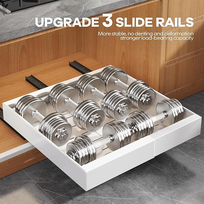 2Pack Expandable Pull Out Cabinet Organizer 21"Deep With Raising Pad for Framed Cabinets, Upgrade 3 Slide Rails Slide Out Drawers, Roll Out Shelves Adhesive,Adjustable Width 12.05"-20.4"White