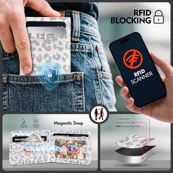 Compatible with Magsafe Case with Card Holder for Men Women Magnetic Ultra-Thin Wallet Bracket Adjustable Bracket for iPhone 17/16/15/14/13/12 Pro/Pro Max/PlusSeries,Leopard-White