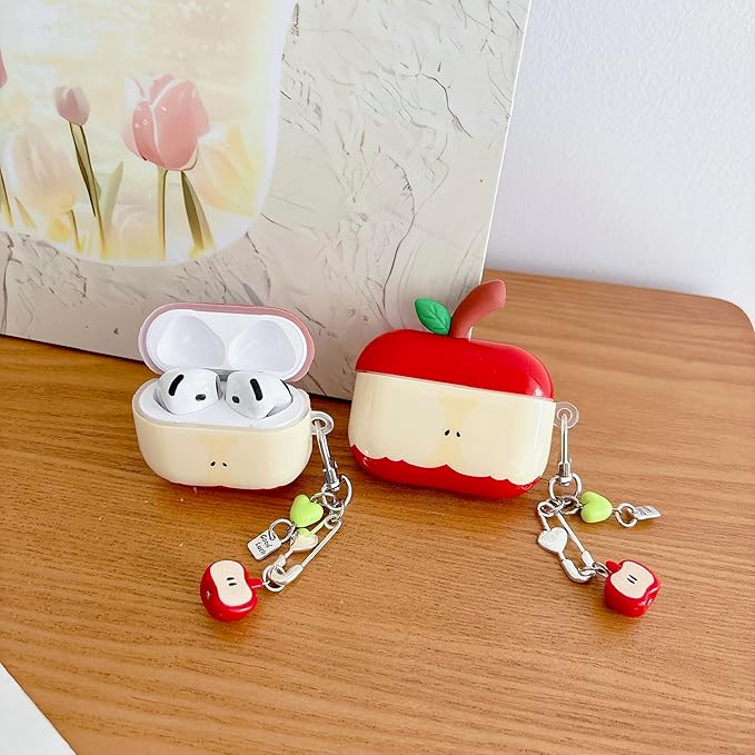 JANDM 3D Fruit Case with Keychain for AirPods 4,Cute Apples-Shaped Design Aesthetic Shockproof Cover with Strap Protective Cover for Women Girls