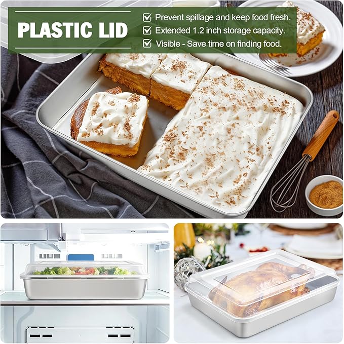 TeamFar Rectangular Cake Pans with Lids, 10.5’’ x 8’’ x 2’’ Stainless Steel Lasagna Brownie Pan For Baking Roasting, Healthy & Solid, Brushed Surface & Dishwasher Safe, (2 Pans+2 Lids)
