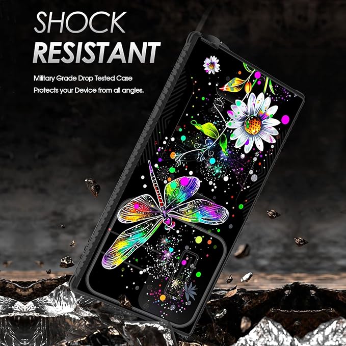 for Galaxy S24 Ultra Case Built in Slide Camera Lens Cover,Heavy Duty Shockproof Protection Dual Layer Case for Samsung Galaxy S24 Ultra 6.8" 2024,Dragonfly and Daisy Flower