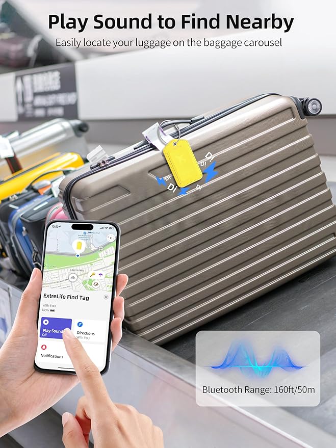 Luggage Tags, Works with Apple Find My, Leather Luggage Tag for Suitcases, Travel Tags, Bag Tag, Suitcase Tag with Privacy Flap, Anti-Lost Smart Luggage Tracker, Travel Essentials, Yellow