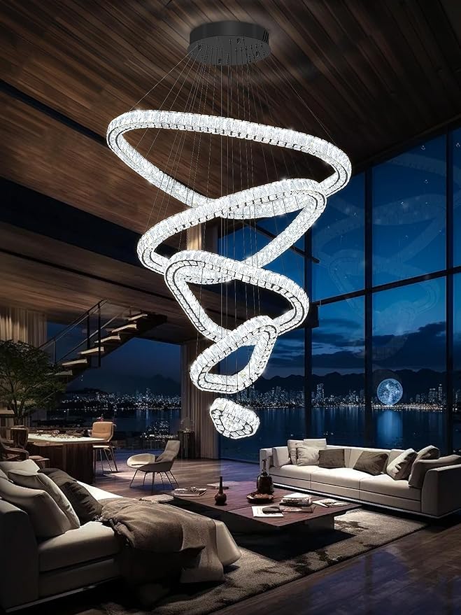 Flashing God H118 Modern Large Chandelier for Foyer 5 Rings Crystal Chandelier Stairway Chandeliers LED Dimmable Crystal Pendant Light for Living Room Entrance Hallway Black
