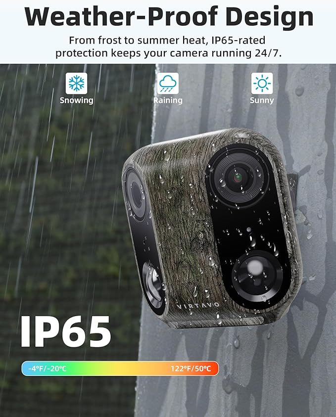 virtavo Cam XM1 Camouflage, Solar Security Cameras Wireless Outdoor, Dual 2MP Resolution, Color Night Vision, PIR Motion Detection, Battery-Powered, 2-Way Audio, Weatherproof, Cloud/SD Storage, IP66