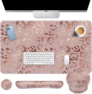 Arttown Keyboard Mouse Pad Set, 4 in 1 Desk Mat Set Leopard Rose
