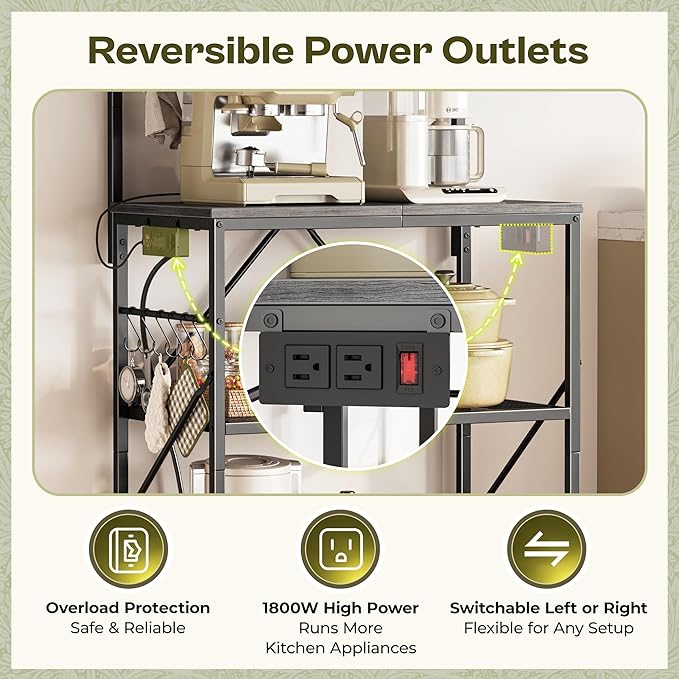 Huuger 4-Tier Bakers Rack with Reversible Power Outlet, 23.6 Inch Microwave Stand with Paper Towel Holder, Kitchen Bar, Larger Storage with Top Shelf, 6 S Hooks, Grey