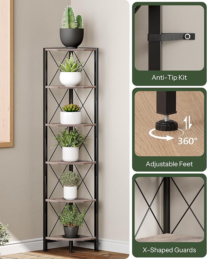 6-Tier Corner Shelf, Corner Bookcase, 66.9" Tall Vertical Display Rack, Plant Stand, Open Storage Shelf, for Living Room, Bedroom, Study, Kitchen, Greige and Black TCJ13BG