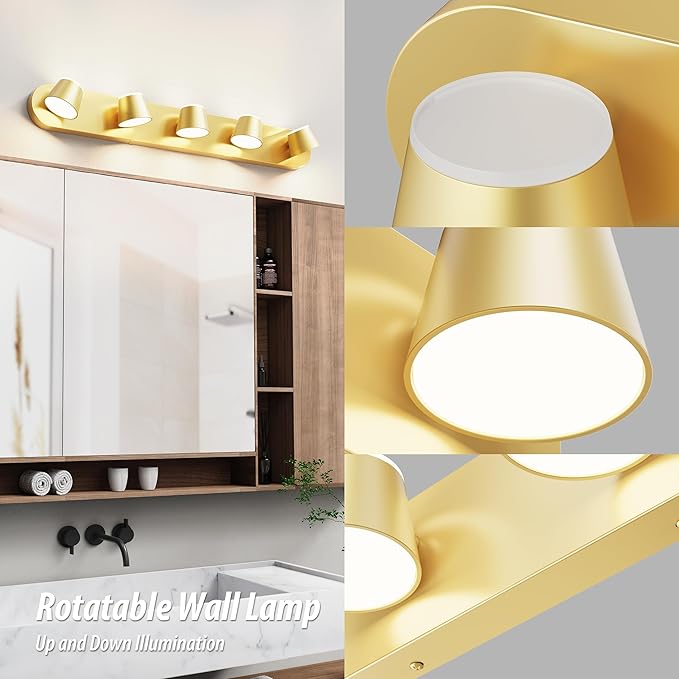 URSOLA Bathroom Lighting Fixtures Over Mirror, 5 Light Bathroom Vanity Light, LED Gold Wall Light Fixtures Up and Down Rotatable Dimmable 34 inch