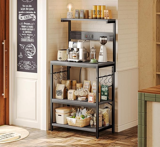 SUPERJARE Kitchen Bakers Rack with Power Outlet, Coffee Bar Table 4 Tiers, Kitchen Microwave Stand with 6 S-Shaped Hooks, Storage Shelf Rack for Spices, Pots and Pans - Charcoal Gray
