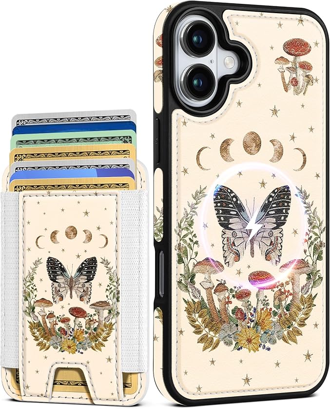 Shorogyt for iPhone 16 Plus Wallet Case - Fits 5 Cards, Compatible with Magsafe Detachable Magnetic Credit Card Holder Leather Cardholder Cute Phone Cover Women Girls for Apple 16Plus, Moon Butterfly