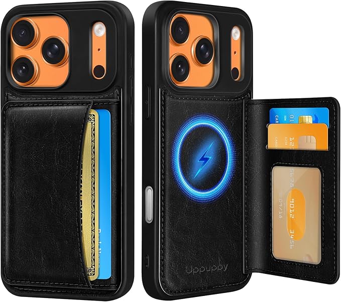 for iPhone 17 Pro Case with Wallet - Fits 4 Card Slots, Compatible with MagSafe for Women Men Durable PU Leather Credit Card Holder Kickstand Phone Cover for Apple 17 Pro, Black