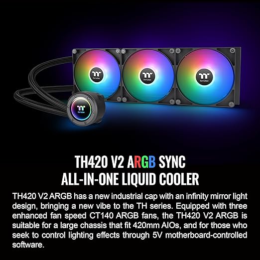 Thermaltake TH420 ARGB Sync V2 CPU Liquid Cooler/AlO Liquid Cooling/Fan 140mm*3/PWM 500~2000 RPM/Mirror Waterblock/MB ARGB Sync Control, CL-W376-PL14SW-A , Black