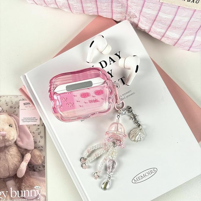 Compatible with AirPods Pro Case with Cleaner Kit, Cute Cartoon Fish Star Keychain Soft TPU Shockproof Cover for Airpods Pro 2nd/1st Generation -Pink