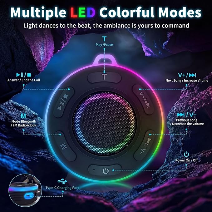Portable Bluetooth Speaker with vibrant led lights, IPX6 Waterproof, Loud Stereo Sound,Hands-Free Calling/Radio, for Shower, Beach, Outdoors, Over 10 H Playtime, Mini/Small, Suction Cup & Hook