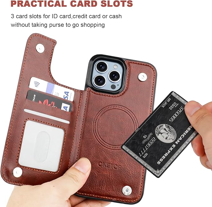 ONETOP Compatible with Magsafe for iPhone 13 Pro Max Wallet Case with Card Holder, PU Leather Kickstand RFID Blocking Case, Double Magnetic Clasp and Durable Shockproof Cover 6.7 Inch (Brown)