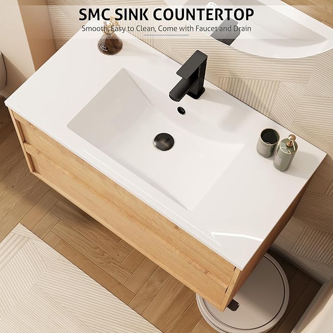 eclife 36" Floating Bathroom Vanity Sink Combo, Wall Mounted Modern Minimalist Storage Cabinet with 2 Drawers, Include Sink, Faucet & Drain, Natural