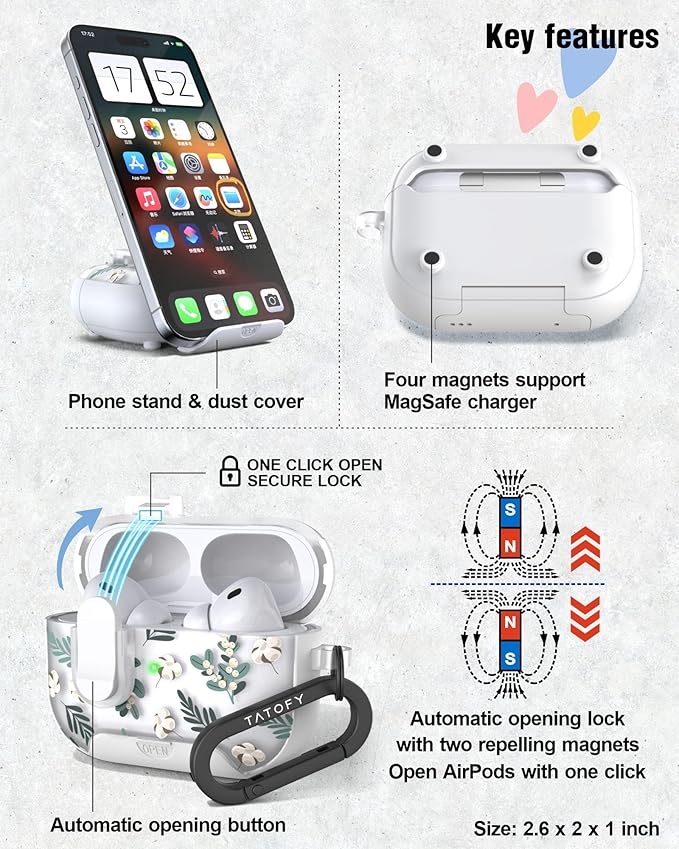 TATOFY for AirPod Pro 3 Case (2025) with Phone Stand Lanyard Lock Cleaning Kit, Compatible with Magsafe, Flowers Hard AirPods Pro 3rd Generation Cover for Women (Green, AirPods Pro 3)