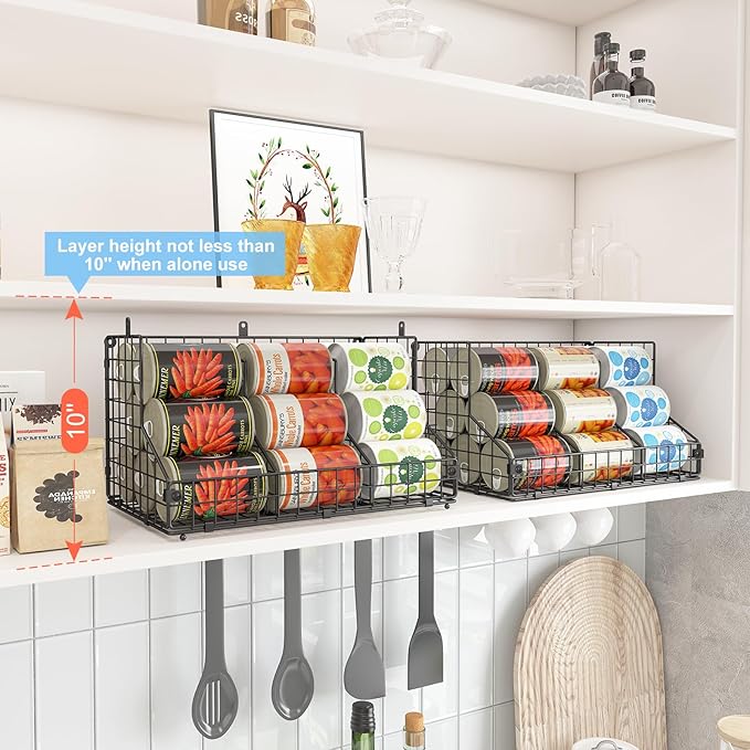 2 Pack Stackable Can Rack Organizer for Pantry Storage,Can Dispensers with 4 Adjustable Dividers, 2-Tier Metal Wire Basket Beverage Pop Soda Rack for Kitchen Cabinet Pantry, Black