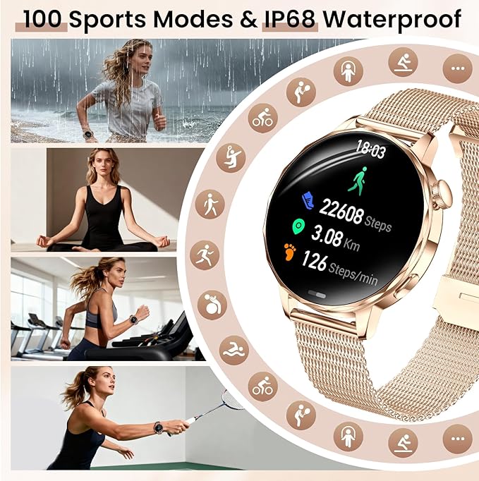 Smart Watches for Women, 1.27'' Smartwatch (Answer/Make Calls) Compatible with iPhone/Android Phones, IP68 Waterproof Fitness Tracker Watch with Sleep Monitor,100+ Sports Modes (Rose Gold)