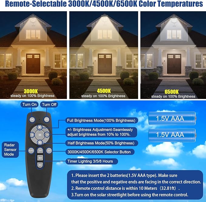 Solar Street Lights Outdoor Waterproof IP65, 3000K/4500K/6500K Solar Floodlight Dusk to Dawn with Motion Sensor and Remote, Solars Security Lights for Outside Yard, Garden (1 Pack)