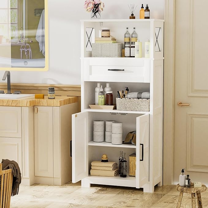 55" Tall Kitchen Pantry Cabient with 2 Microwave Stands, Farmhouse Pantry Storage Cabinet with Barn Doors and Large Drawer, Rustic Freestanding Cupboard for Kitchen and Dining Room (White)