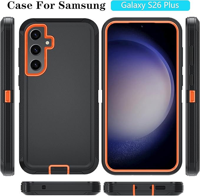 ONOLA Compatible with Samsung Galaxy S26+ / S26 Plus Case with HD Screen Protector [Not fit S26 / S26 Ultra], 3 in 1 Heavy Duty Phone Case for Galaxy S26 Plus 6.7",BlackOrange