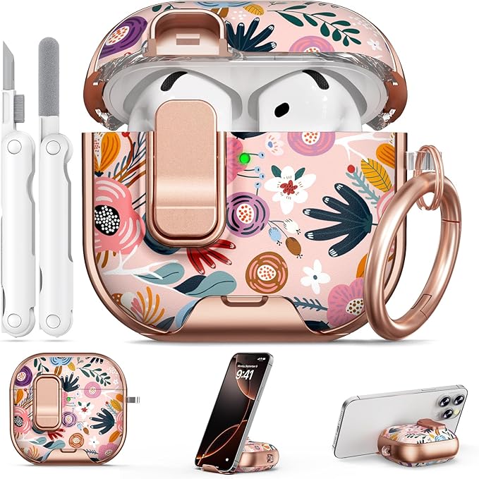 for AirPods 4 Case, with Safty Lock & Phone Stand for Floral AirPods 4th Generation Case Cover for Women Girly, iPod 4 Case with Keychain & Cleaner Kit - Pink Berry Flower