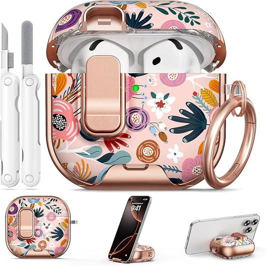 for AirPods 4 Case, with Safty Lock & Phone Stand for Floral AirPods 4th Generation Case Cover for Women Girly, iPod 4 Case with Keychain & Cleaner Kit - Pink Berry Flower