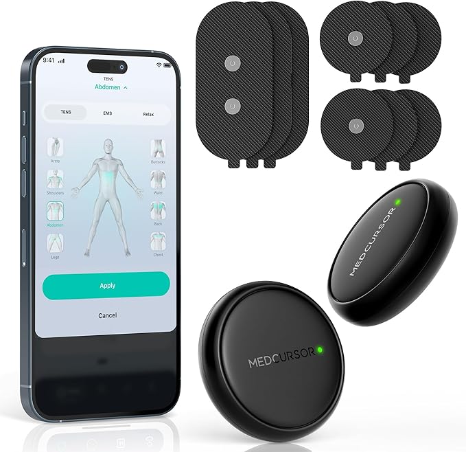 Medcursor Wireless 3-in-1 TENS Unit, Dual-Channel Muscle Stimulator with App Control & Session Memory, EMS Machine with 25 Intensities and 8 Target Areas, Storage Pouch, Designed for Back Pain Relief