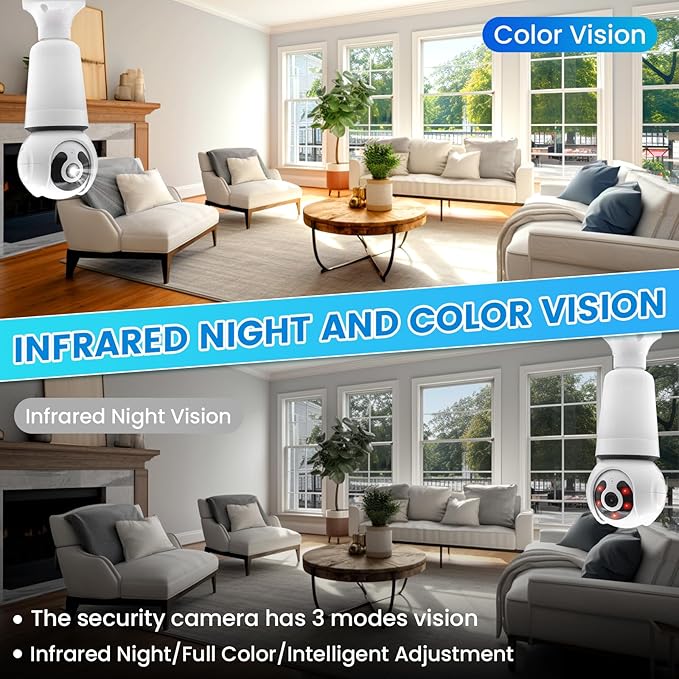 Security Camera, 2K/3MP Outdoor Camera 2.4G Hz E27 Camera for Home Security, 24/7 Recording, Motion Detection and Alarm (A)