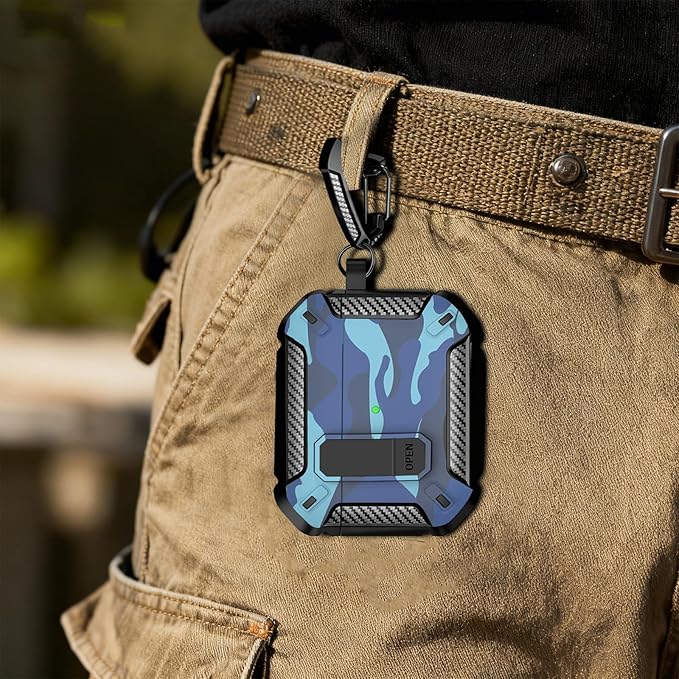 for AirPods 4 Case 2024 with Secure Lock Clip - Military-Grade Drop Protection AirPods 4th Generation Case, Carbon Fiber Shockproof Cover, Automatic Pop-up & Carabiner Hook, Camo Blue