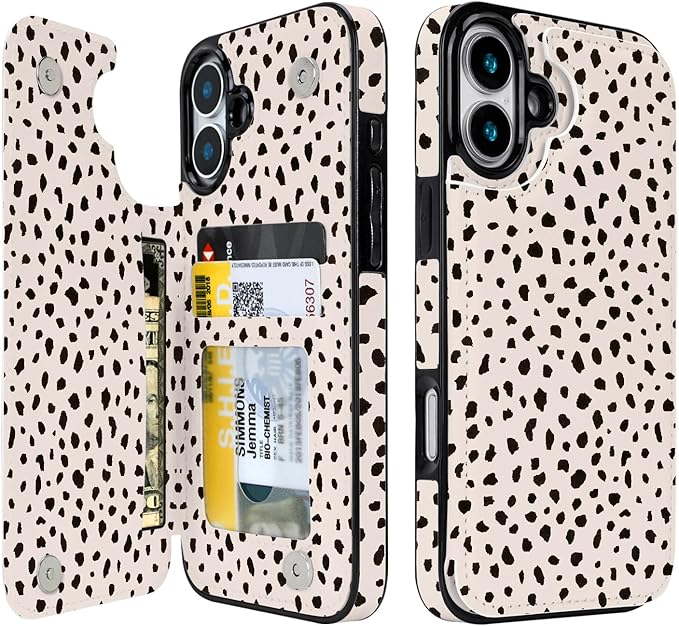 uCOLOR for iPhone 17 Wallet Case with Card Holder PU Leather RFID Blocking Design iPhone 17 flip case for Women Men Magnetic Clasp Kickstand Design 6.3 inch (Almond Latte Polka Dot)