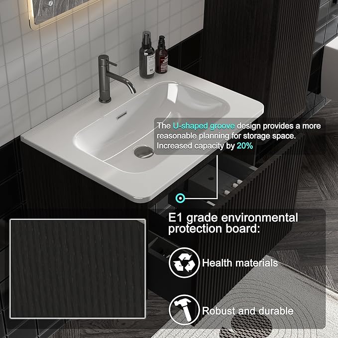 Wall Mounted Floating Bathroom Vanity with Sink Large Storage Modern Design One-Piece Sink Basin Minimalist Cabinet Built-in Overflow for Contemporary Bathrooms