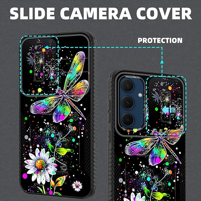 for Galaxy A35 5G Case Built in Slide Camera Lens Cover,Heavy Duty Shockproof Protection Dual Layer Case for Samsung Galaxy A35 5G 6.6 inch 2024,Dragonfly and Daisy Flower