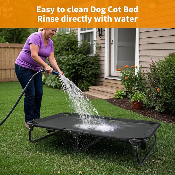 Foldable Elevated Dog Bed for Large Pet, No-Assembly-Need Folding Raised Dog Bed, Waterproof Outdoor Dogs Cot Cooling Pet Hammock Beds with Breathable Mesh, Chew-Proof, Black