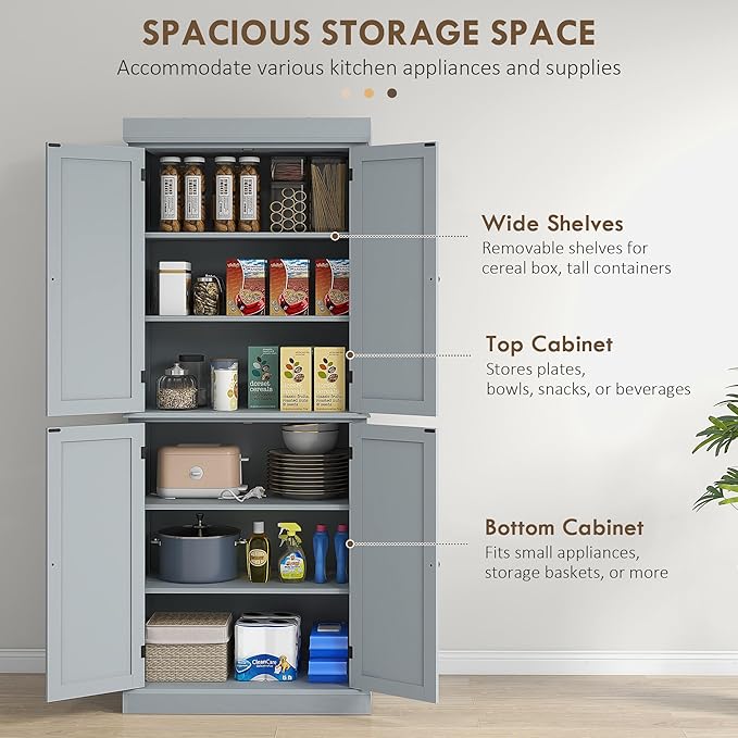 HOMCOM 72.5" Freestanding Kitchen Pantry Cabinet, Tall Storage Cabinet with 4 Doors and 2 Adjustable Shelves for Dining Room, Gray