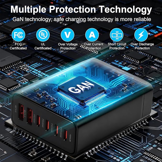 200W USB C Charger, GaN Ⅲ PD 100W 6-Port Charging Station for Multiple Devices, Portable Laptop Fast Charging, Adapter for iPad iPhone 17 16 15 14 13 12, MacBook Pro Galaxy, 5ft Cord