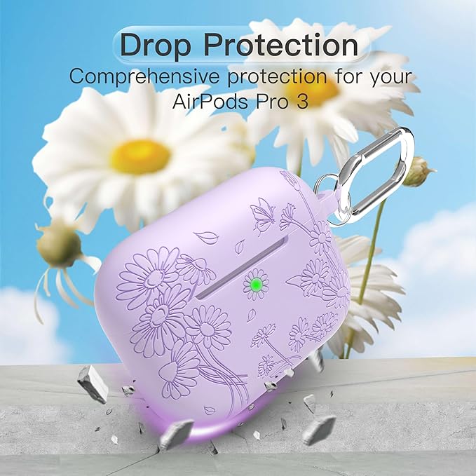 for AirPods Pro 3 Case (2025) DamonLight Daisy Floral Engraved Shockproof Protective Soft Silicone Case Cover with Cleaning Pen and Keychain for Apple Airpods Pro 3rd Generation (Purple)