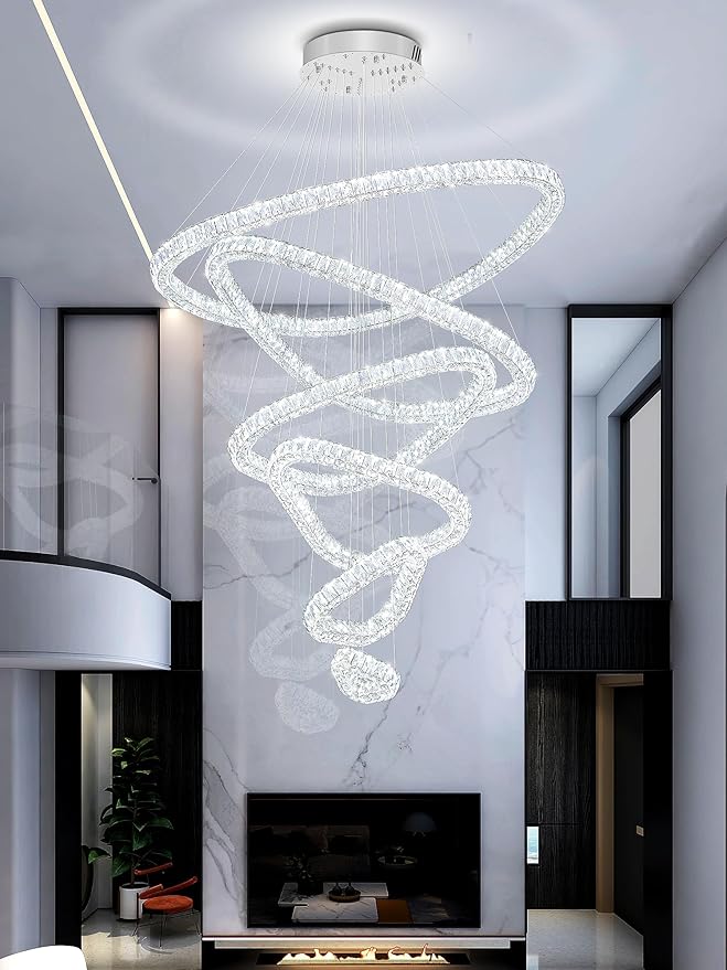 Flashing God Modern 6 Ring Crystal Chandeliers for High Ceiling Large Foyer Chandeliers LED Dimmable Crystal Ceiling Light Fixtures for Entryway Living Room Staircase Sliver