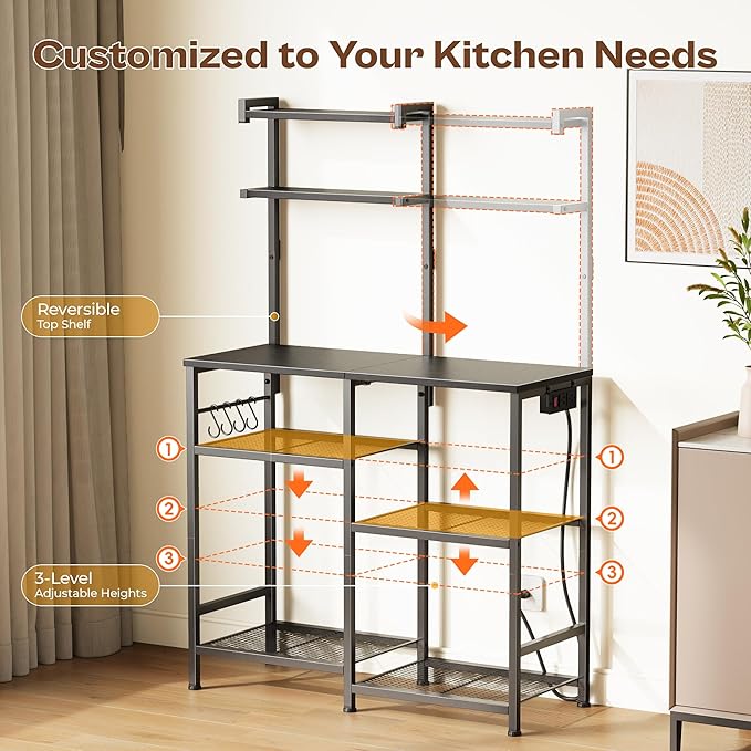 Huuger 31.5 Inch Bakers Rack with Power Outlets, Kitchen Microwave Stand with Storage, Coffee Bar with 4 Hooks, 3-Level Height Open Shelves, Black