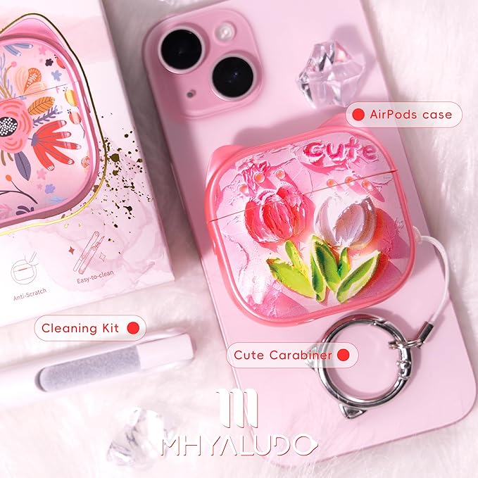 for AirPods 4 Case with Cleaning Kit, Cute Cat Ear Print Design & Cute Buckle, Inverted Phone Holder Design, Top Safe Lock Buckle Design, for Girls AirPods 4 case 2024, Tulip