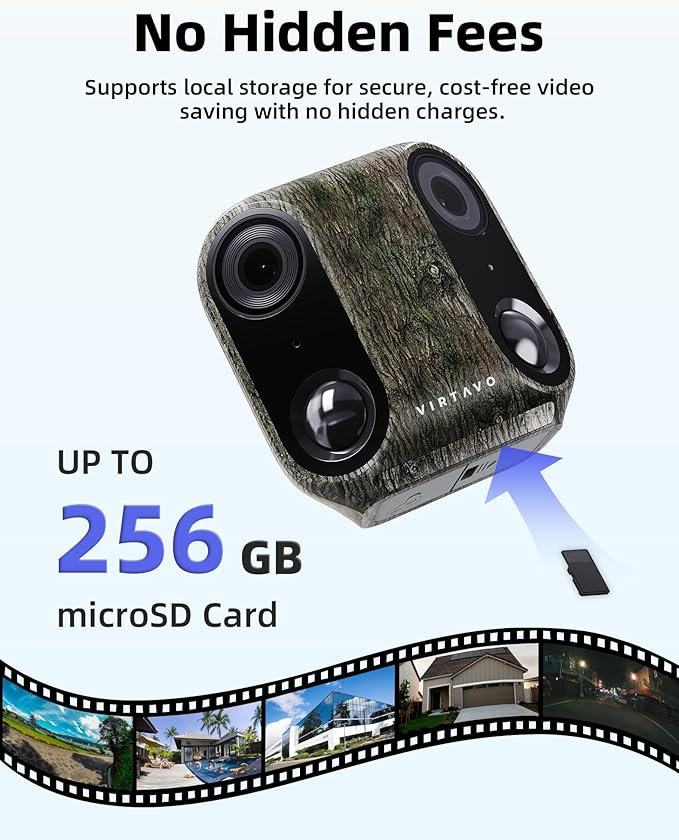 virtavo Cam XM1 Camouflage, Solar Security Cameras Wireless Outdoor, Dual 2MP Resolution, Color Night Vision, PIR Motion Detection, Battery-Powered, 2-Way Audio, Weatherproof, Cloud/SD Storage, IP66