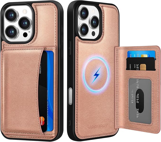 for iPhone 16 Pro Case with Wallet - Fits 4 Card Slots, Compatible with MagSafe for Women Aesthetic Durable PU Leather Credit Card Holder Kickstand Phone Cover for Apple 16 Pro, Rose Gold