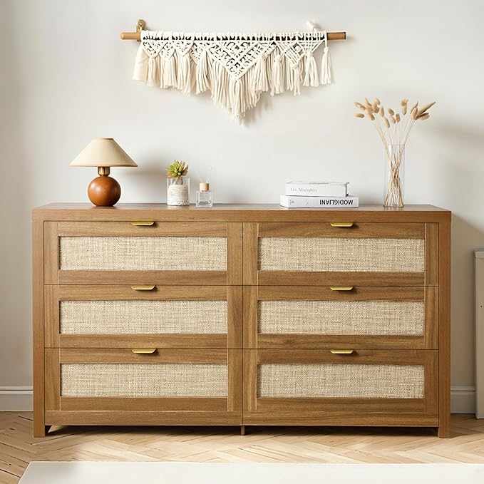 VEVOR Large Dresser for Bedroom, 57" Wide Rattan Dresser 6 Drawer, Wooden Modern Dressers Chest of Drawers with Metal Handle, Clothes Closet Storage Organizer Boho TV Stand for Living Room, Walnut Oak