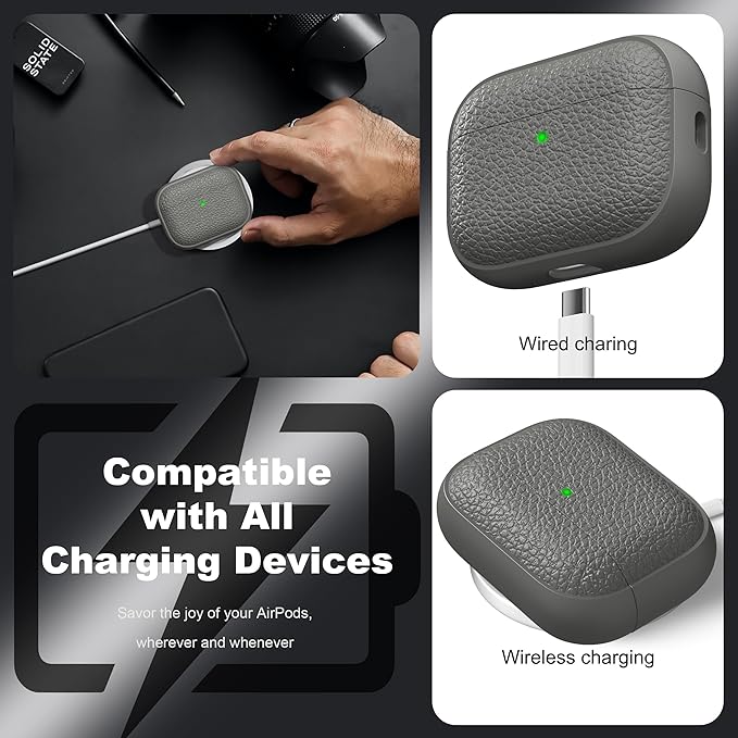 R-fun for AirPods Pro 3 Case 2025, Soft TPU (Leather-Like Design) Drop Protection Cover for Men and Women with Lanyard and Cleaner Kit, Compatible with Apple AirPods Pro 3rd Generation-Grey